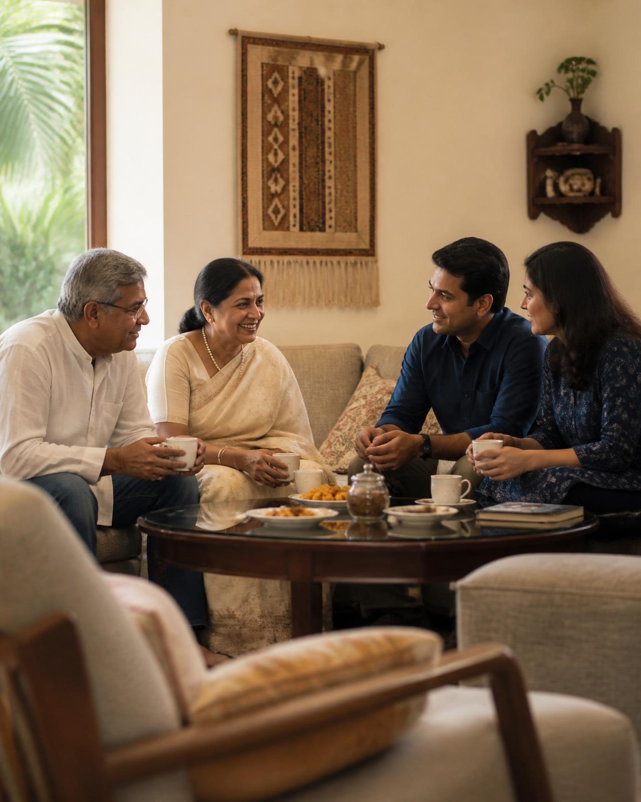 A multigenerational Indian family sharing tea in their home