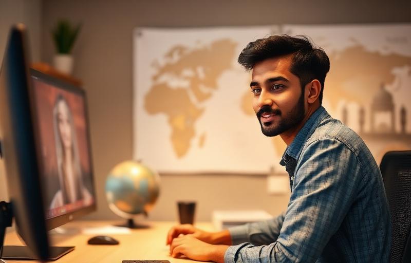 Person on a video call with a world map